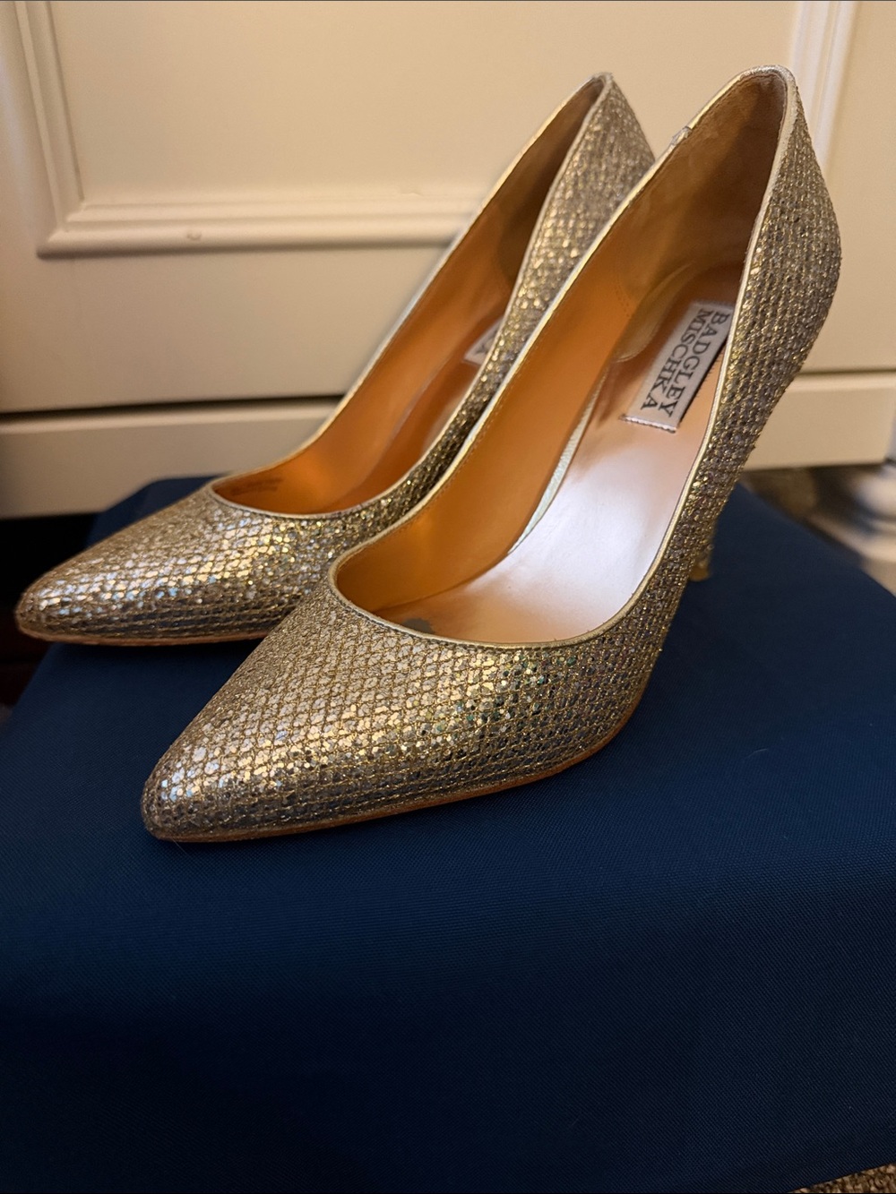 Badgley Mischka Gold Textured Pointed-Toe Pumps